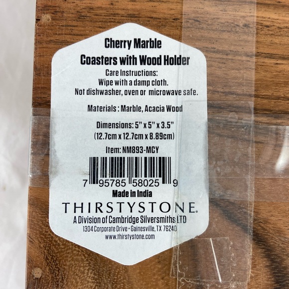 Thirstystone Set Of 4 Cherry Marble Coasters With Wood Holder 4x4 Square NEW - Picture 9 of 13